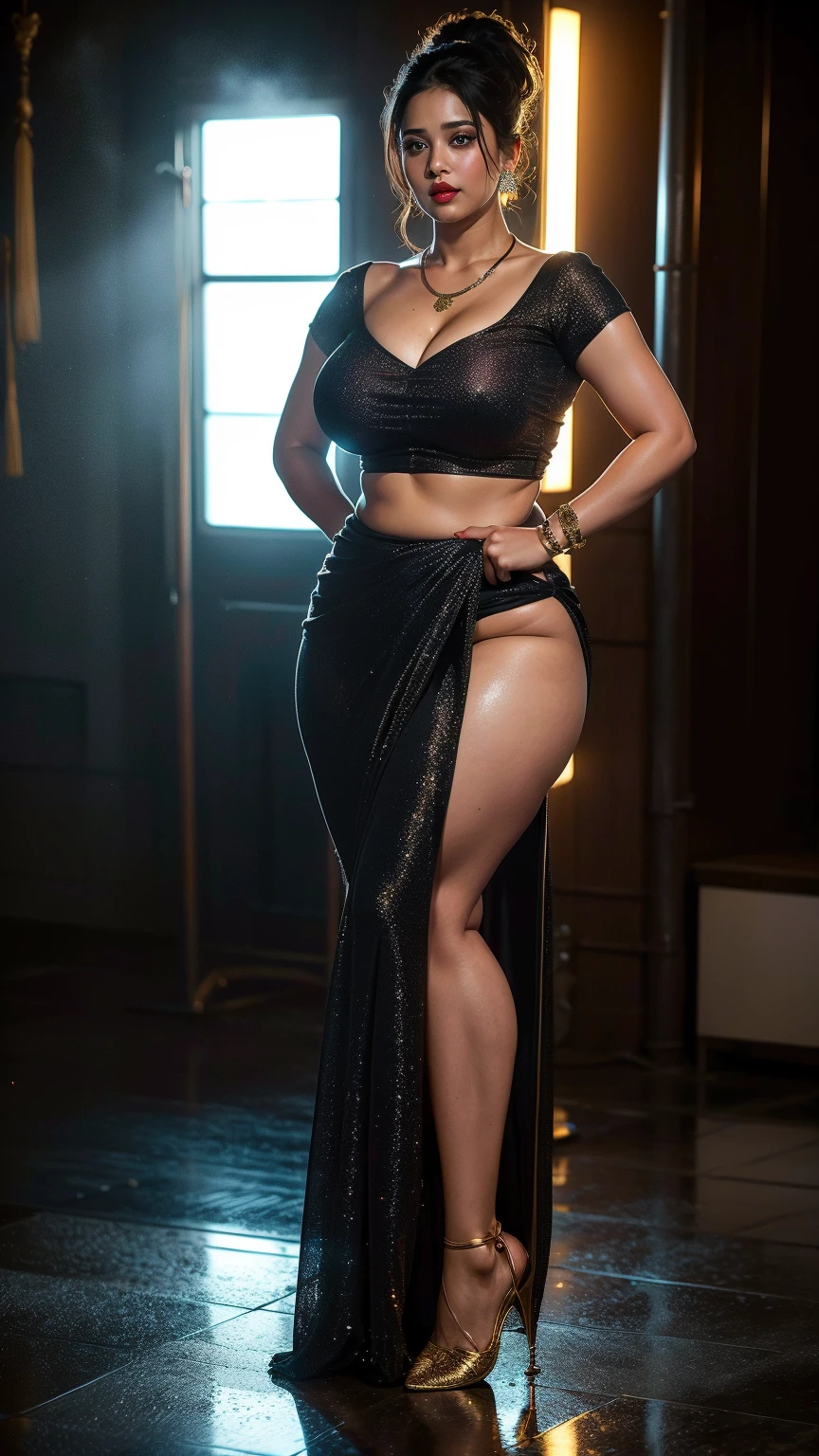 (full body shot:1.5), (Masterpiece:1.37), (Indian babe:1.5), (straight view, straight figure, wide angle pose, standing position:0.5), (inspired by disha patani), 1girl, solo girl, 18 year old girl, ultra realistic face, hyperrealistic, hyperdetailed, (looking at viewers:0.5), sharpen, detailed face, detailed eyes, detailed lips, red lips, beautiful face, 16k, FHD, UHD, raw photo, cute face mesh, pretty face mesh, girl in luxury office, beautiful hair style, tied hair, (neck garterstrap), ((fancy blouse), (wearing a full length skirt, flared macro skirt, fancy maxi skirt), intricate, extremely detailed, (ball shape boobs, perky boobs, tight boobs, muscular perky boobs, close cleavage), (curvy hips, perfect body height), scattering surface, ultra realistic texture, , realistic face, glow lip, glow face, very_high_resolution, perfect figure, beautiful curved body, fit body, (fancy high heel), fancy club hair ornament, (abs, muscular body, muscular shoulder, muscular neck).