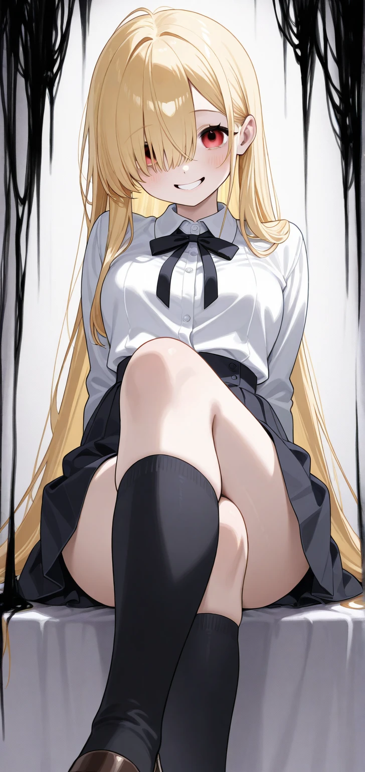 ((highest quality)), ((masterpiece)), (Become familiar with), Perfect Face,Light golden hair,Medium Long Hair,Down Bangs,Eyes without highlights,Desaturated crimson eyes,Drooping eyes,A sloppy, relaxed look,Black choker,tall,slender,Big Breasts,Off-the-shoulder knit,Black panties,Black Stockings,Black pumps,slender,19 years old,Leaning forward,Bedroom,