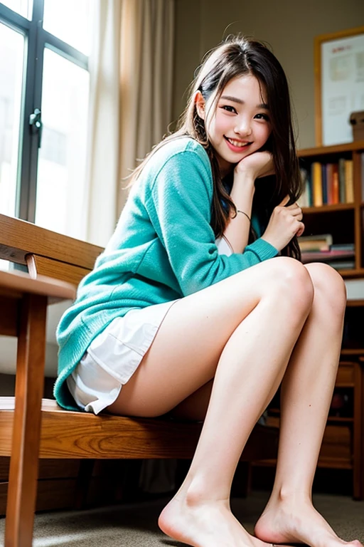 (looking at viewer:1.3),(big smile:1.3),(happy smile:1.3),(extremely beautiful face:1.3),(big eyes:1.3),(double eyelids:1.3),(very long silky hair:1.3),(long eyelashes:1.2), beautiful lips, beautiful eyes, beautiful teeth:1.2),(sexy panties:1.1),(realistic silk panties:1.2),(white panties:1.2),(detailed panties:1.3),(18 year old girl:1.2),32K,masterpiece, Raw photo, (detailed fingers:1.2),Best Quality, photorealistic, highly detailed CG Unity 32K wallpaper, intricate detailed face, (Ultra detailed skin:1.2) super idol, clear eyes, thick thighs, drooping eyes ,pink checked skirt, Japanese school uniform, brown loafers, loose socks,