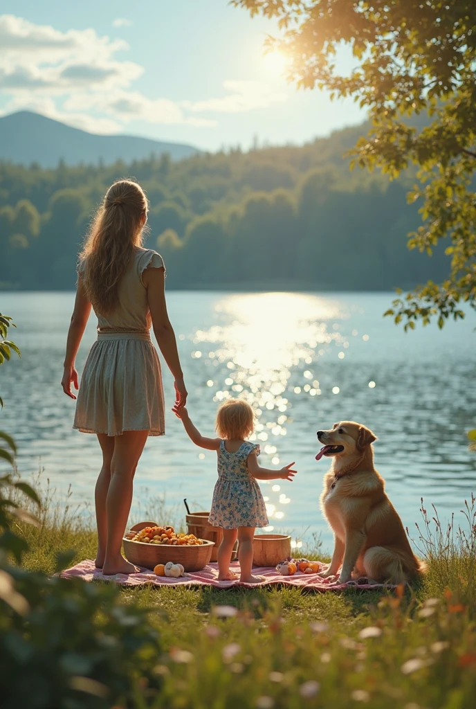 Mother with small child and dog which is golden brown on a jetty and sunny day and the picture was taken from behind 