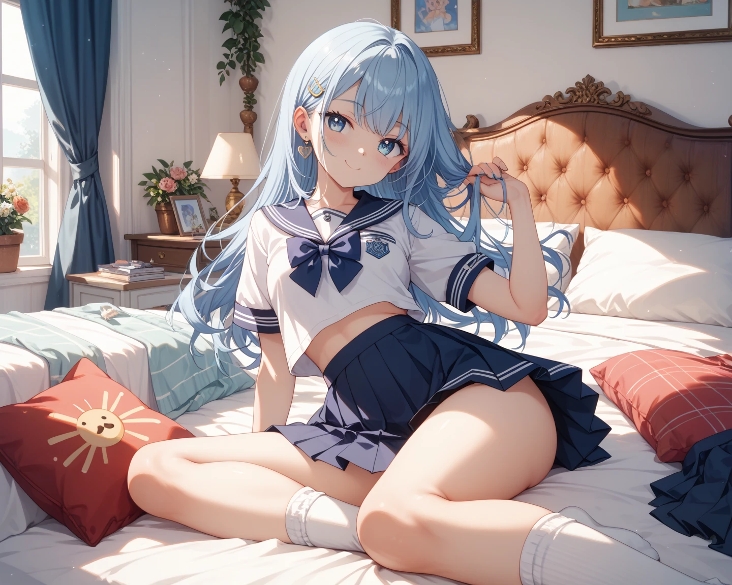 masterpiece, highest quality, High resolution, One 13-year-old girl、blue eyes、
gold Hair, Braiding, White shirt, Check skirt, White panties、Western-style room、bed、Lie down with your legs stretched out