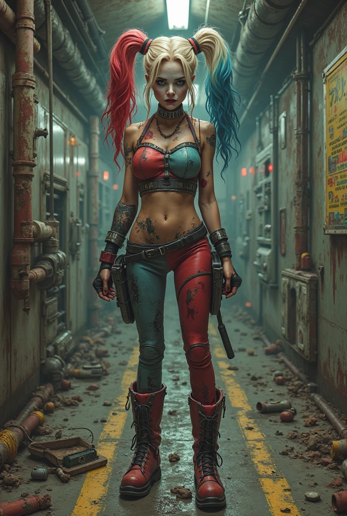 a girl with blue hair in a ponytail, blue eyes, stern look, commanding posture, wearing blue tight jeans and clothes in red, blue, white and gray, black colors, slightly reddish skin, standing in front of destroyed houses in New York with an orange and blue theme, a zombie wearing clothes of the same colors in the background