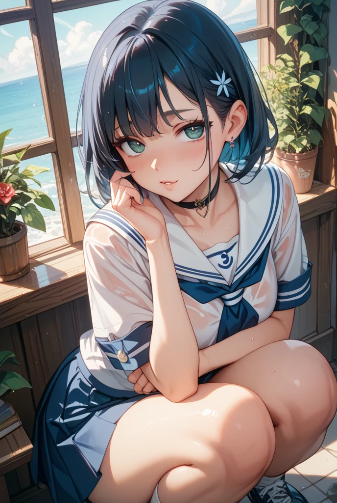 1girl in, bangss, black_choker, black_hair, blue_sailor_collar, blue_skirt, bush, a choker, 鎖骨, tag, 耳Nipple Ring, florals, jewely, s lips, looking_at_viewer, plein air, a plant, pleated_skirt, potted_plant, Wagas, sailor_collar, school_uniform, a sailor suit, The shirt, short_hair, short_sleeves, sitting on, skirt by the, a smile, 独奏, stairway,