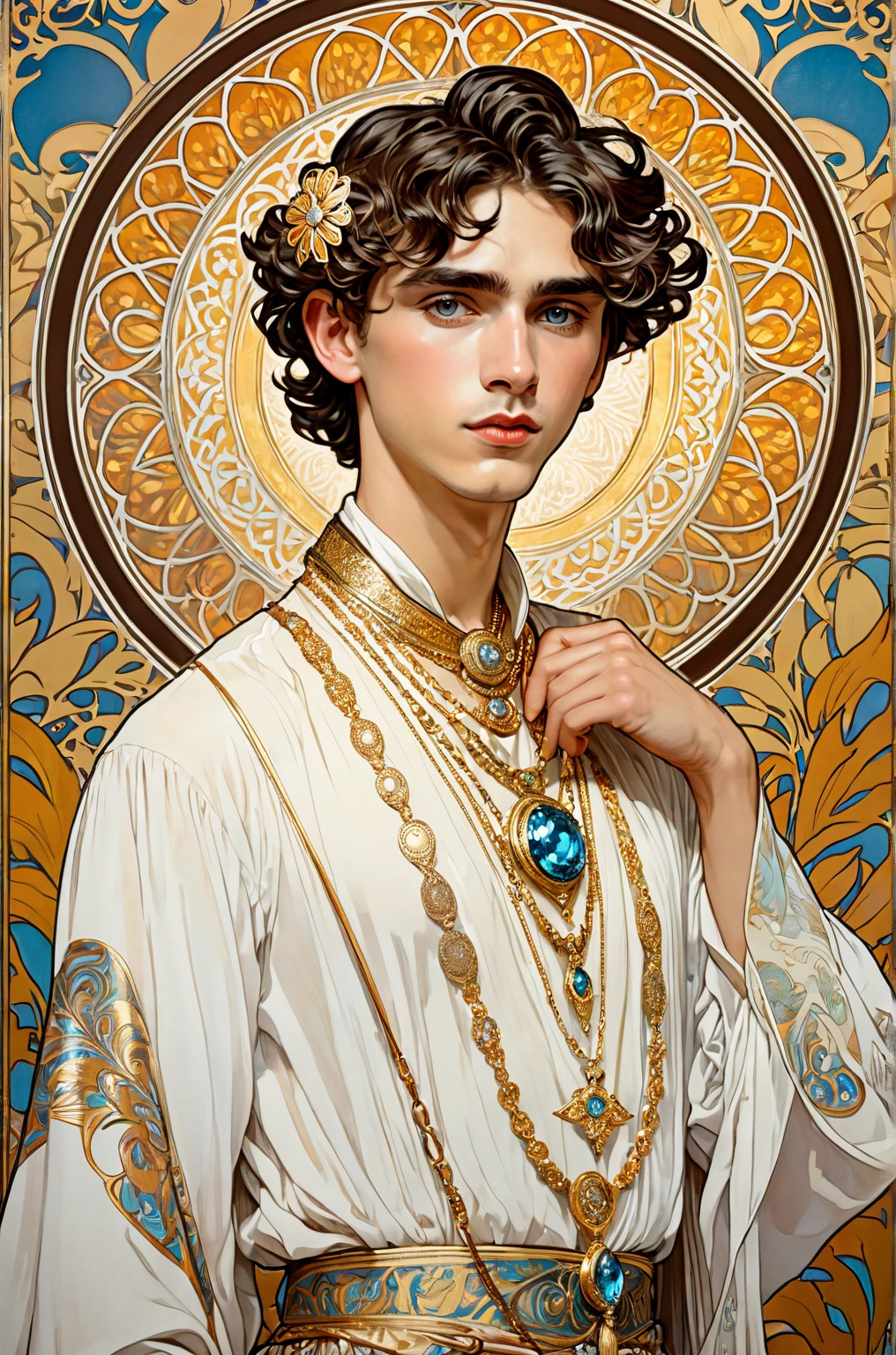 A painted portrait of a fitted Apollo, God of beauty, greek god, blonde hair, big seductive eyes, big lips, golden skin, handsome male, young, insanely handsome, upper body, muscular, hairy torso, fantasy, intricate, elegant, highly detailed, digital painting, art station, concept art, soft, sharp focus, illustration, art by Gaston Bussiere and Alphonse Mucha