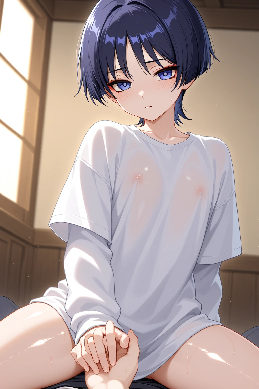 master piece、Highest image quality、highest quality、Little Face Girl、((Frustrated expression:1.3))、(tears)、(((not wearing clothes)))、Lying in bed、forced to spread legs、ample breasts、slender body shape、small nipples of cherry color,