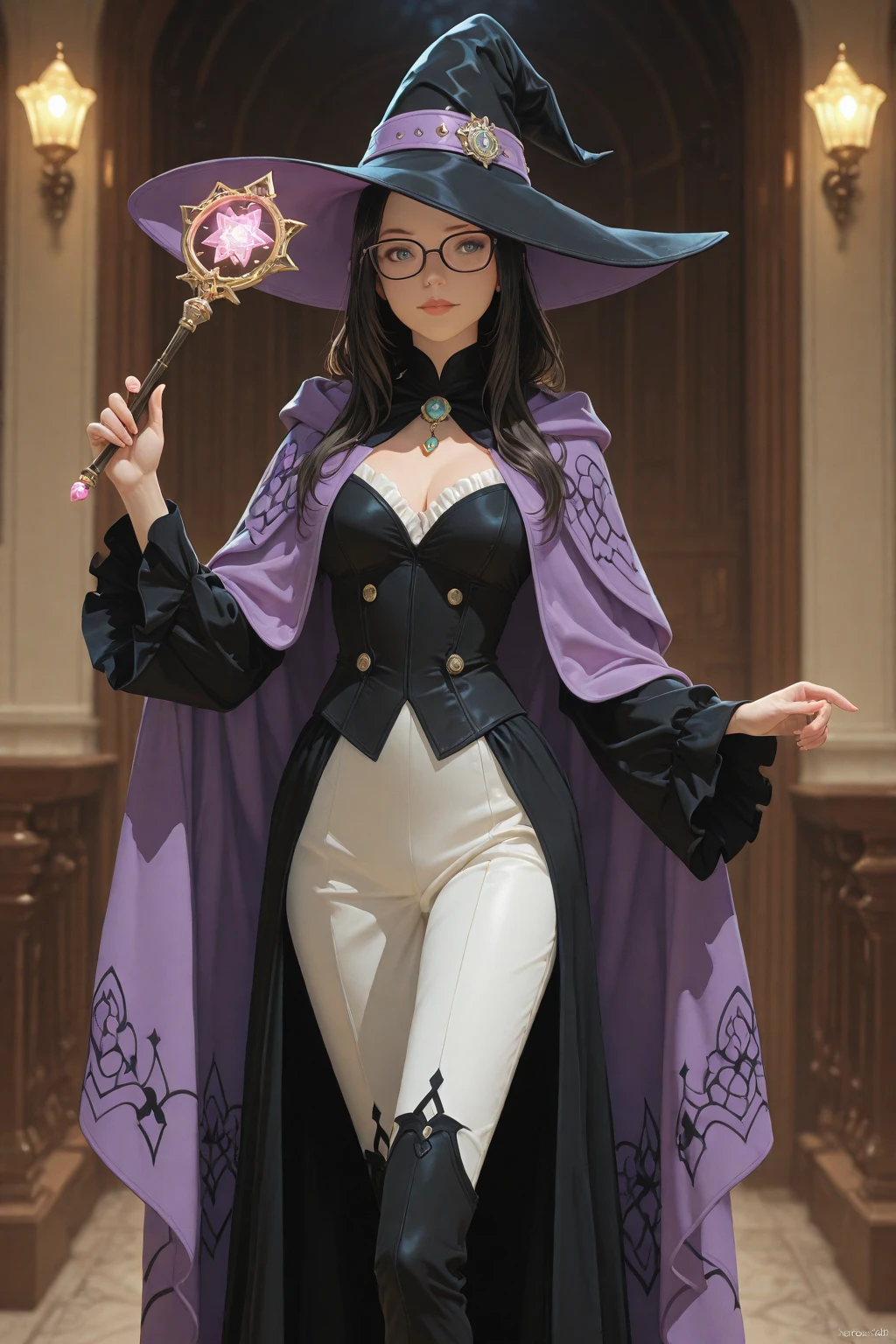 detailed face of half body photo. 25 year old Indonesian girl with a sweet face, big round face and long brown wavy hair, round glasses wearing a purple witch dress Sleeveless strapless completed with witch hat exposed her beautiful leg and raised her hand exposed armpits taking photos in dark and scary forests in Europe