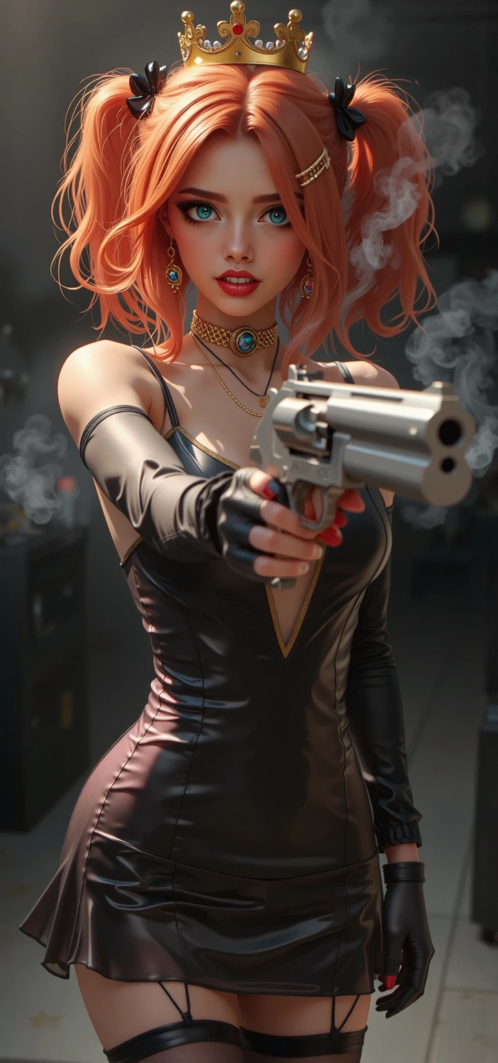 pretty woman psycho crazy laugh, holding guns, blowing the smoke off of one of them, red eyes, crazy eyes, red hair, short hair, facepaint, scar across eye, dreadlocks, drop shadow, sideways, rotated, wide shot, anatomically correct, masterpiece, highres, high quality, high details
