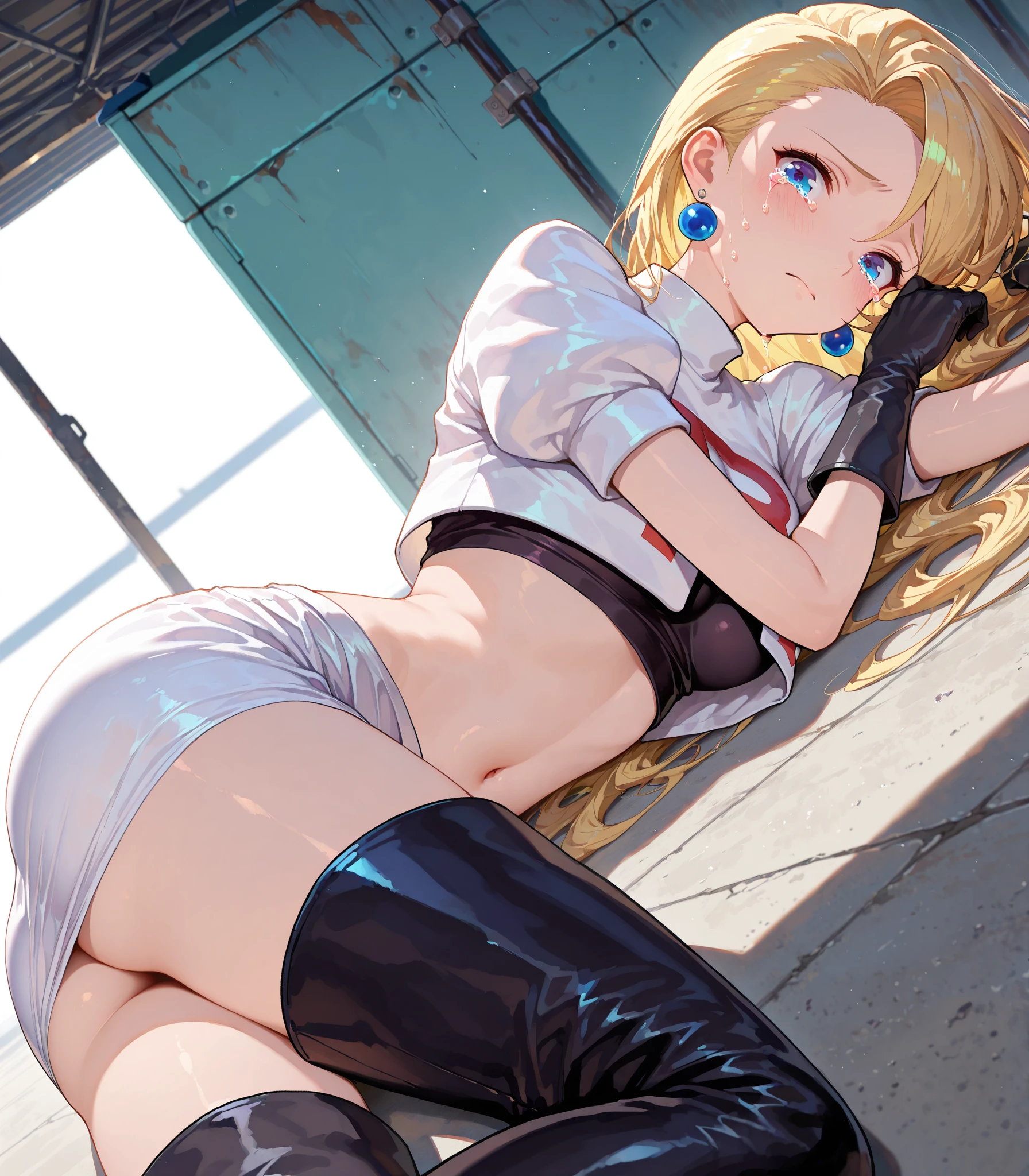 fgomordred, modred, (green eyes:1.5), blonde hair, ponytail, short hair, scrunchie, red scrunchie, hair scrunchie, (small breast:1.2), NSFW, erotic, porn, sex, dripping pussy, wet pussy, 
BREAK blonde hair, denim, denim shorts, jacket, jewelry, midriff, navel, necklace, red jacket, torn short shorts, torn shorts, torn tube top, white top,
BREAK looking at viewer, back view, showing off her ass, grabbing ass, opening ass, grab ass,
BREAK outdoors,
BREAK (masterpiece:1.2), best quality, high resolution, unity 8k wallpaper, (illustration:0.8), (beautiful detailed eyes:1.6), extremely detailed face, perfect lighting, extremely detailed CG, (perfect hands, perfect anatomy),