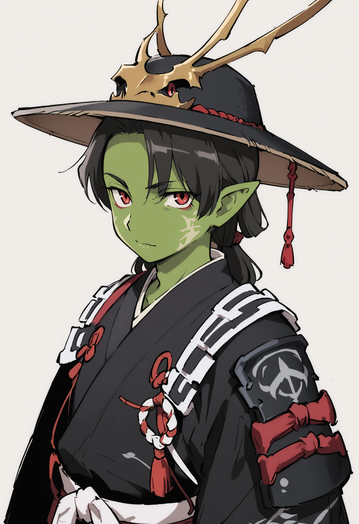 (high-quality, breathtaking),(expressive eyes, perfect face) 1boy, male, solo, adult, masculine face, dark black color hair, red eye color, green skin, colored skin, goblin, medium hair length, tied back hairstyle, Symmetrical Eyes, portrait, wide shot ,calm serious expression, grey background, samurai kimono, samurai, muscular build, pointy ears, black kimono, wandering ronin, short height, small, traditional japanese pointy straw hat, samurai Kasa hat