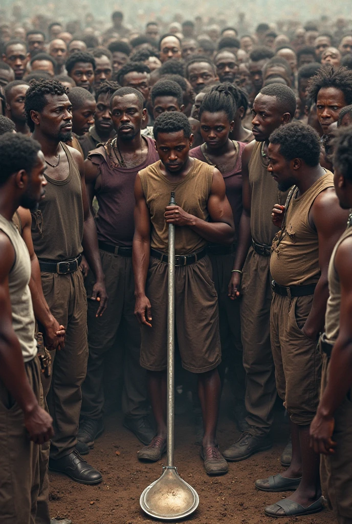 Three black slave men chained with shackles on their feet and necks, They are sitting on the floor, in a ship's hold in the dark
