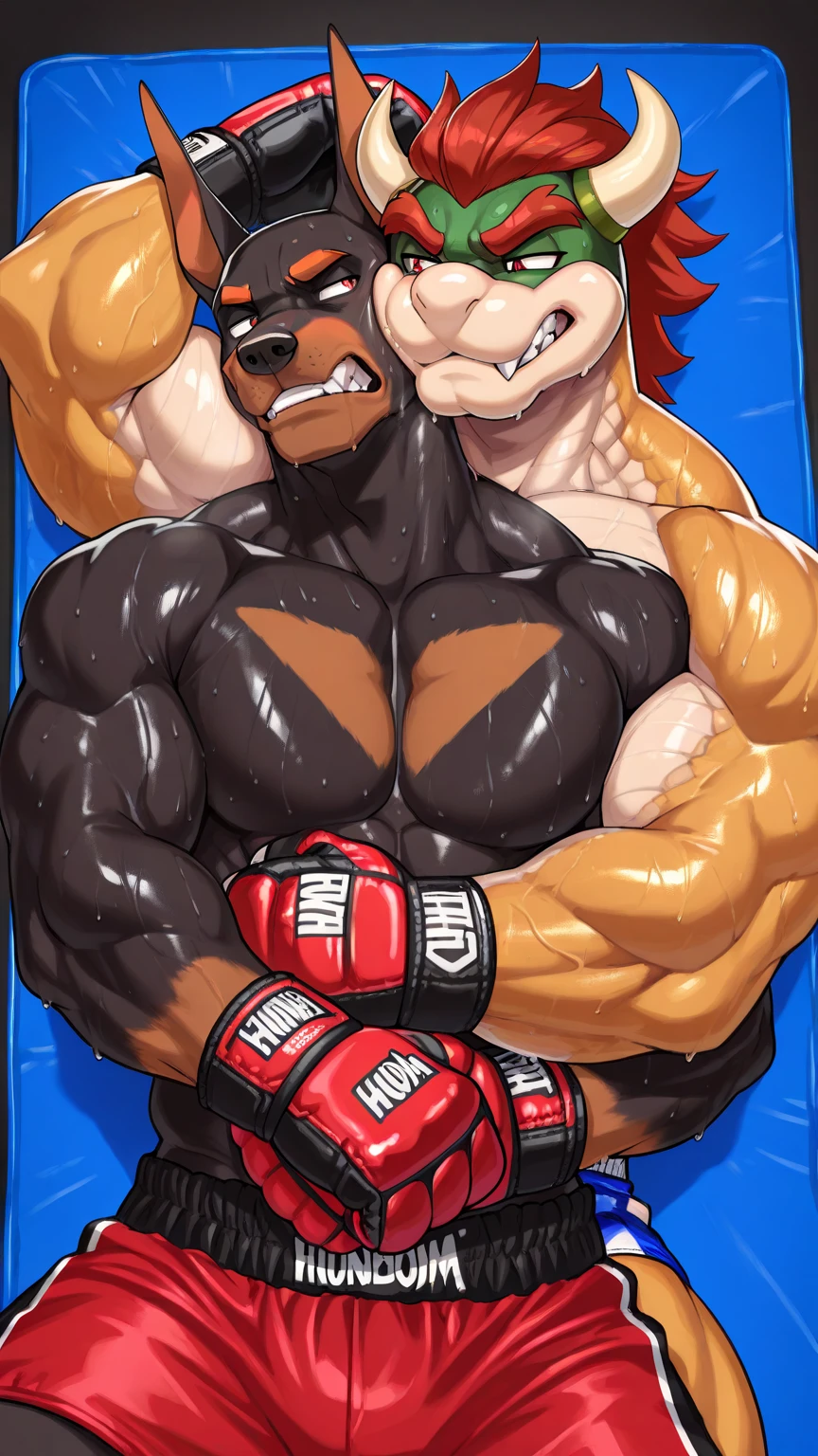 Super muscular boar beastman,(Wear a uniform:1.2),Blindfold,Painful expression,Mouth open and tongue out,(Surrounded by huge, red and black erect penises:1.2),(A large amount of semen all over the face:1.3),Pro wrestling,scrotum,Black nipples,lick,Anal Sex,(Standing doggy style),(Massive ejaculation:1.5)