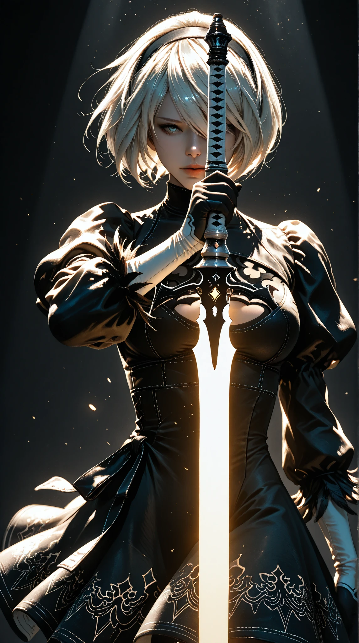 A beautiful (mature_woman:1.8) with long blonde hair in a Gothic dress, (holding a light saber:1.5), (gothic makeup:1.3), morning fog and roses garden, Gothic victorian, Gothic architecture, romantic, regal and mysterious, beautiful lights and colors, sun rays, upper body closeup