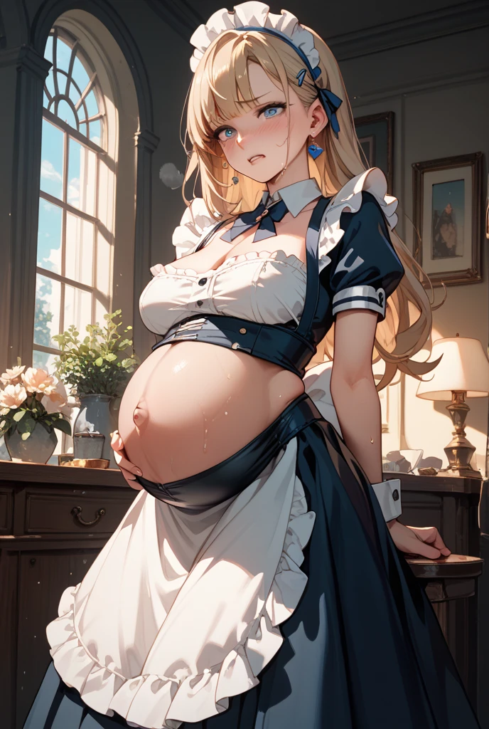 Beautiful sexy pregnant motherly maid, mature, bunny ears, motherly pose, maid dress,
