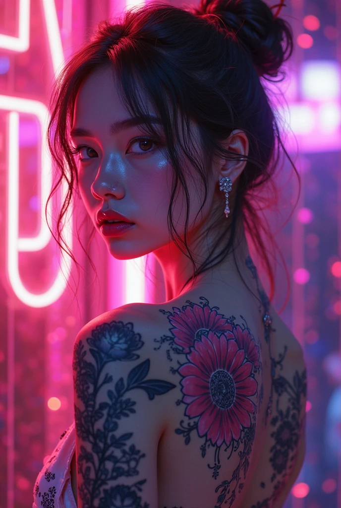 8k, a dancing beautiful asian cyborg with brown bun hair, ((Dancing)), ((tattoos)), photography, portrait of gadis_jelita wearing red dancing mini dress, red lipstick, detail, flowers, night, cyberpunk city bokeh background, soft focus, (masterpiece, sidelighting, finely detailed beautiful eyes: 1.2), semi close-ups, hdr