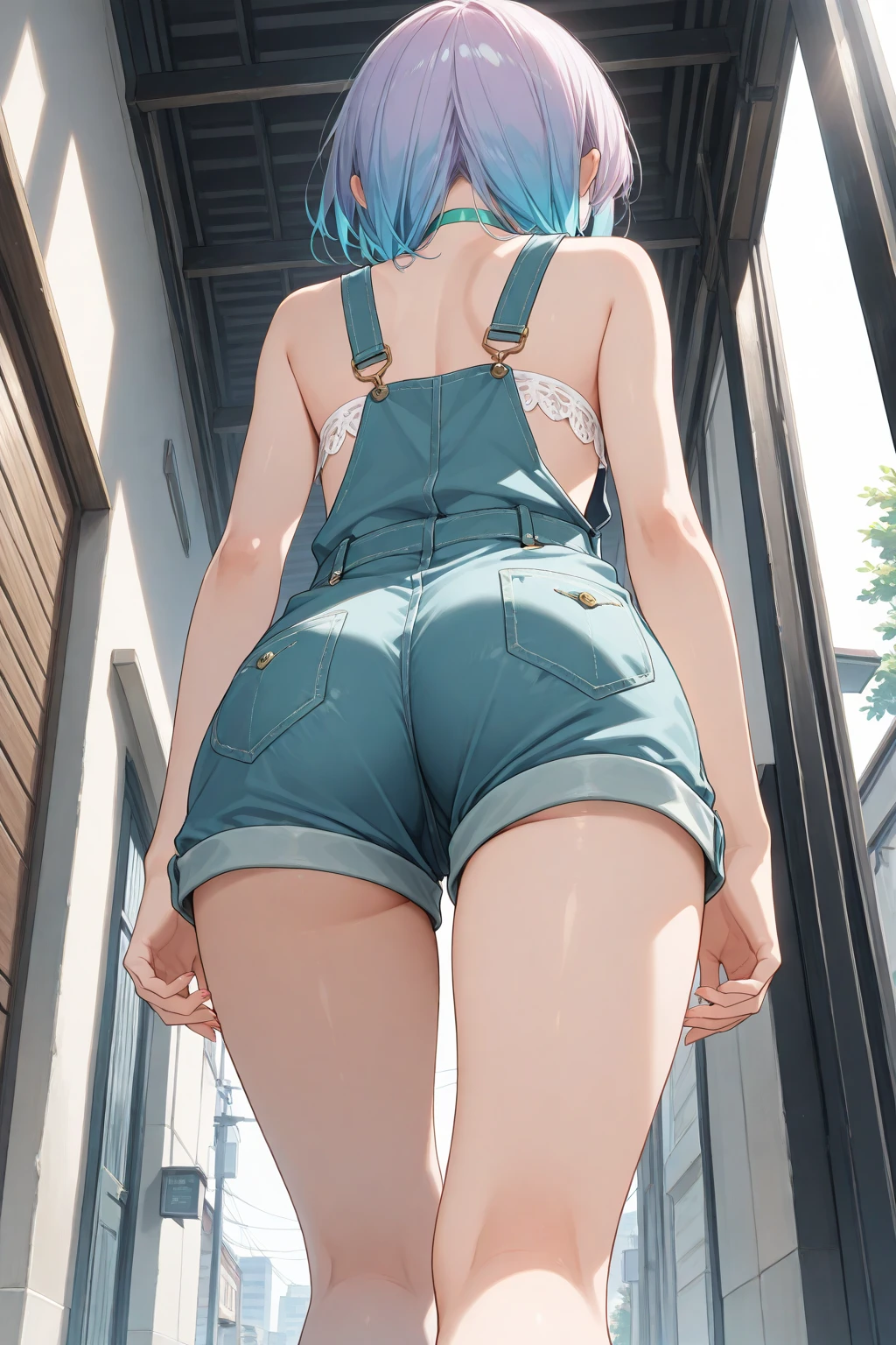 a one woman, voluminous short hair, blue colored eyes, overalls, naked, new, sharing the pussy, seducing gaze, breasts showing, sexy