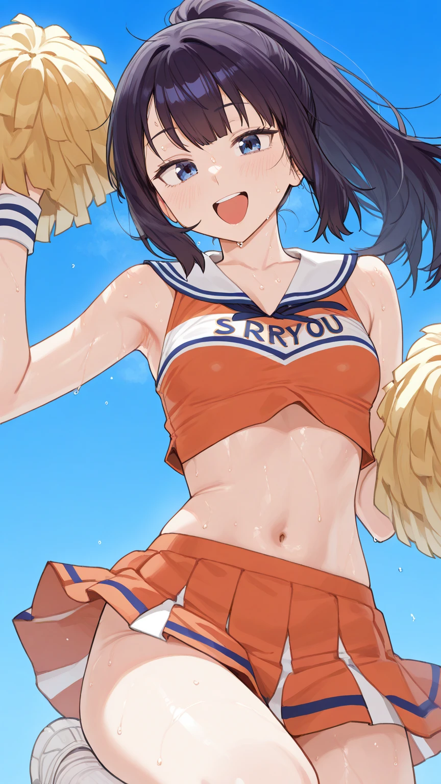 maternal smile, blushing, Pompones, uniform, crop top, midriff skirt, miniskirt, crop top overhang, clothes lift, large, sweat, thick thighs, (huge chest 1.5), cheerleader uniform, wet clothes, semi-transparent clothing, erect nipple under clothes, high ponytail, visible underwear, micro thong, (high thong), (standing on one leg), masterpiece, best quality,  Very detailed