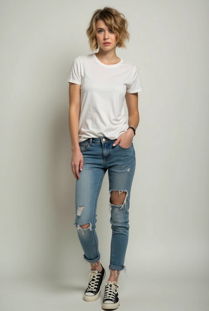 (full body:1.5), 1girl, long hair, ((Wearing a white T-shirt:1.5)), (Small breasts:1.5), Wearing denim pants, Highest quality, figure, Super detailed, Fine details, High resolution, 8k wallpaper, Perfect dynamic composition, Beautiful attention to detail, A woman with a slightly young face, that&#39;s pale face, Small and cute nose, Baby Face, cute double, round face, Baby Face, Eyes slightly apart, Brown hair long, (Has bangs:1.4) Small breasts and natural colored lips, smile, harajuku, 20-year-old girl, Wearing a white T-shirt and long denim pants, Brown hair long, reaching down to the chest, The shoes worn are sneakers, Height is 155cm
