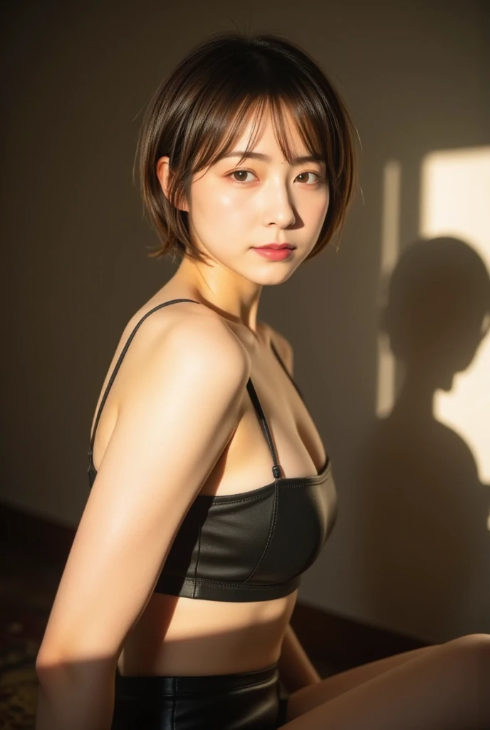 1:4, wearing (tight bikini:1.3), barely visible woman abs, shorter neck, otherworldly radiance on its surroundings, small navel and small shiny detailed diamond piercing, sun rays coming through the window in the background, gym background, posing, closed mouth, bending over, hairstyle( wolf cut), sligthly closed blue eyes, side veiw, looking dead inside ( Lots of tiny details, amazing lighting, amazing setting),(Colorful, Ultra Realistic, High quality, Highly detailed, Sharp focus, 4K UHD, Ultra realism lots of particles around, ,perfect eyes, eye makeup,18yo, (Arched back:1,5)
