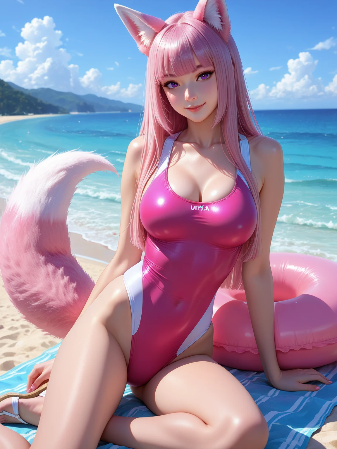 18 year old girl lying on the beach,full-body portraits(1:1),seduct smile,The corners of the mouth are raised,exposed teeth,Spread your legs to the left and right,sexual expressio,Large erect breasts ,Transparent three-point mini bikini swimsuit,Panties to the crotch,long light pink hair, looking at the camera in,landscape of a beach