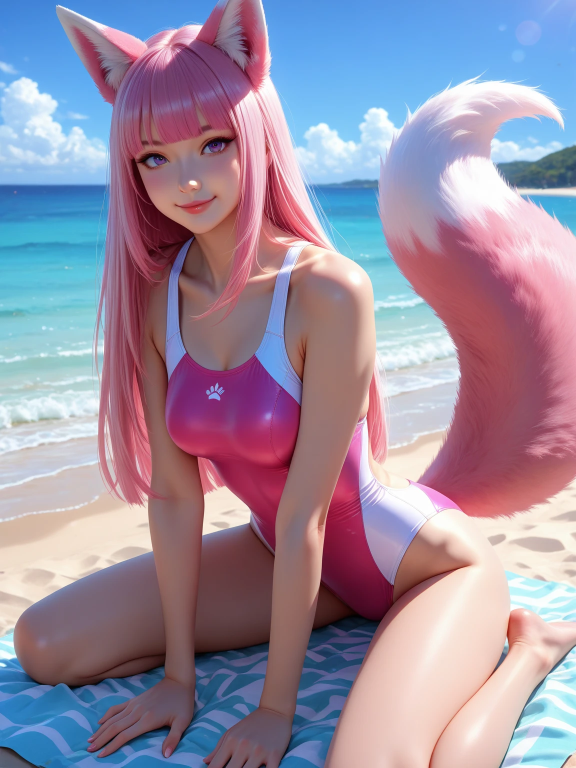 One lady、nudde、fullnude、Pink 、Female genitals、tiny chest、Pink hair、length hair、kawaii、Resorts、Blue Sea、White sandy beach、shores、A smile、、Sexual organics、an legs、opens legs、kawaii、skinny body、A slender、being thin、hi-school girl、stroll、Opening legs、Shaved、No pubic hair、M-shaped legs、Sitting、kawaii、Innocent、Waist shackles、tiny chest、small tits、Small cat ears