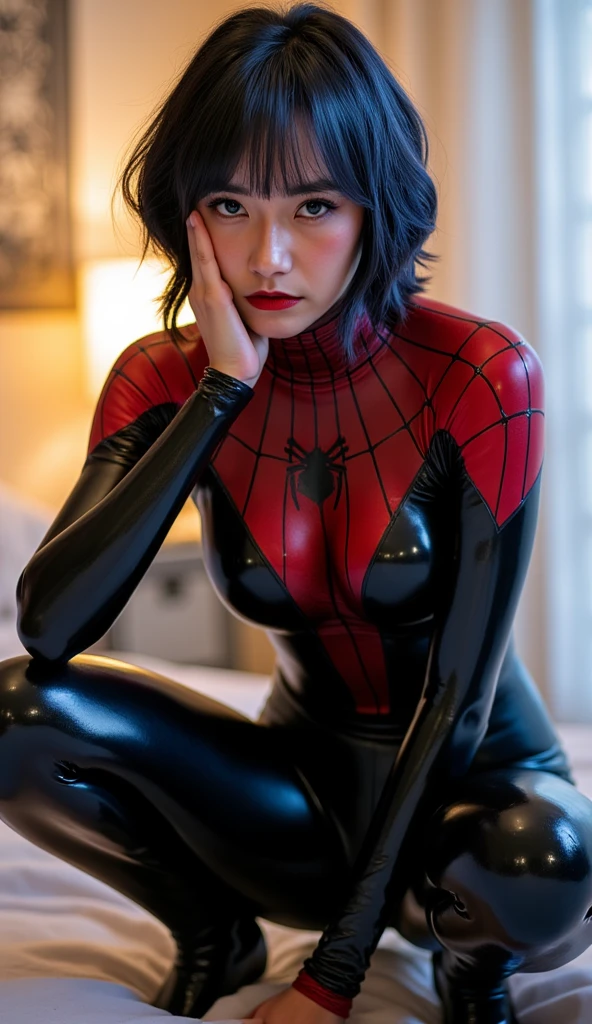 ​masterpiece、Short-haired Spiderwoman black suit lying face down on bed、large full breasts、Looking at the camera、Glossy costume、Toostock
