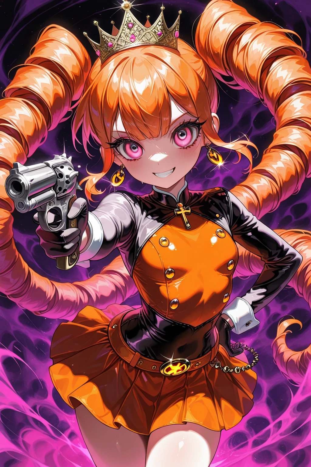 masterpiece, best quality, kulams, solo, 1girl, busty, chunky, expressionless, looking at viewer, own hands together, split-color hair, burgundy colored hair, green Bangs, sidebangs hairstyle, orange kula's clothes, kula's gloves