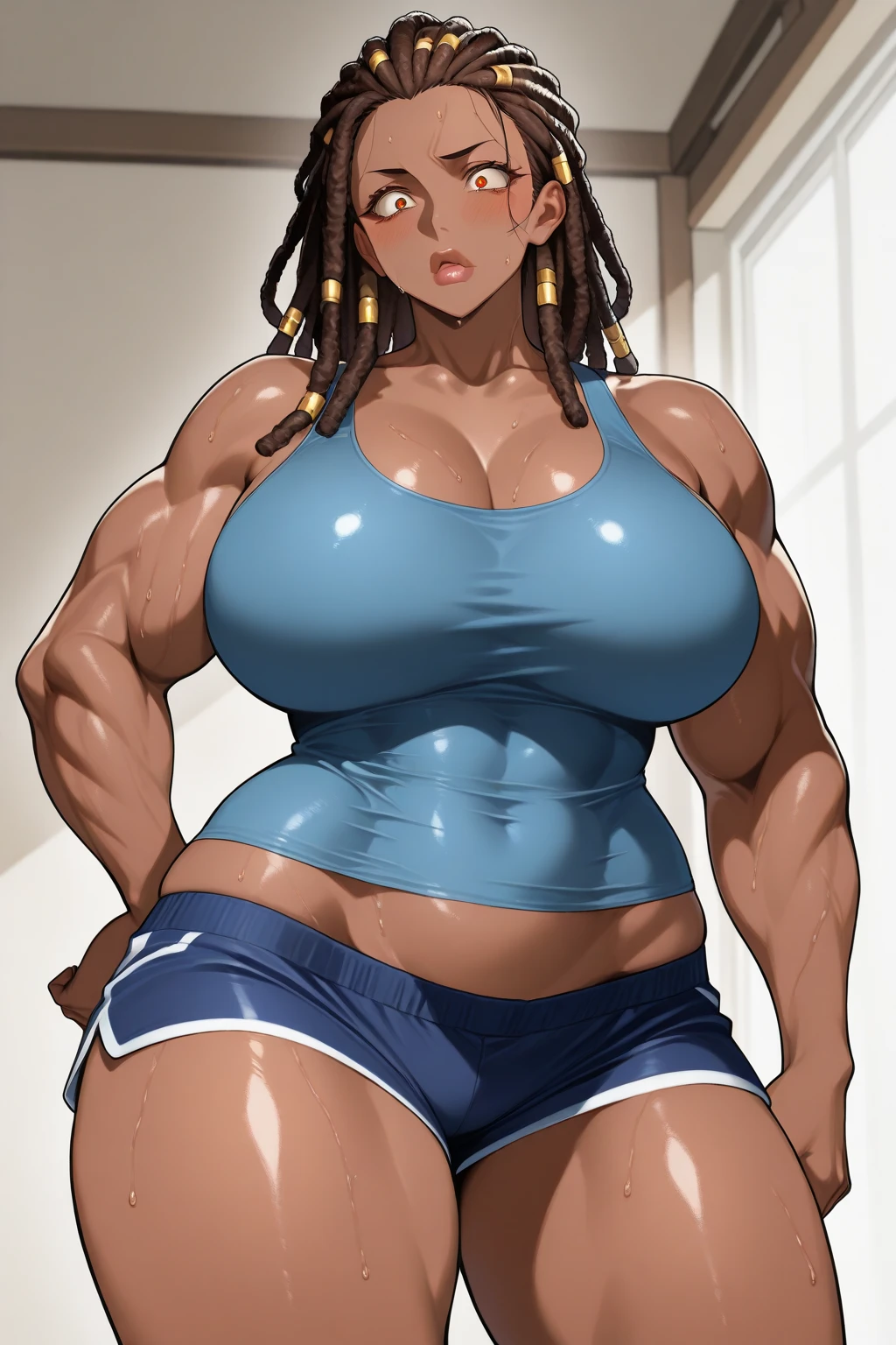 best quality,1girl,solo,(dark skin:1),black hair,curly hair,(shaggy cut),(pink headband),pale blue outfit,brawny body,(stocky jaw),revealing neckline,Cleavage,collarbone,smile,tall girl, burly girl, thick lips, thick neck,standing,((simple background)),gray background,old school fantasy art,muscular,armor