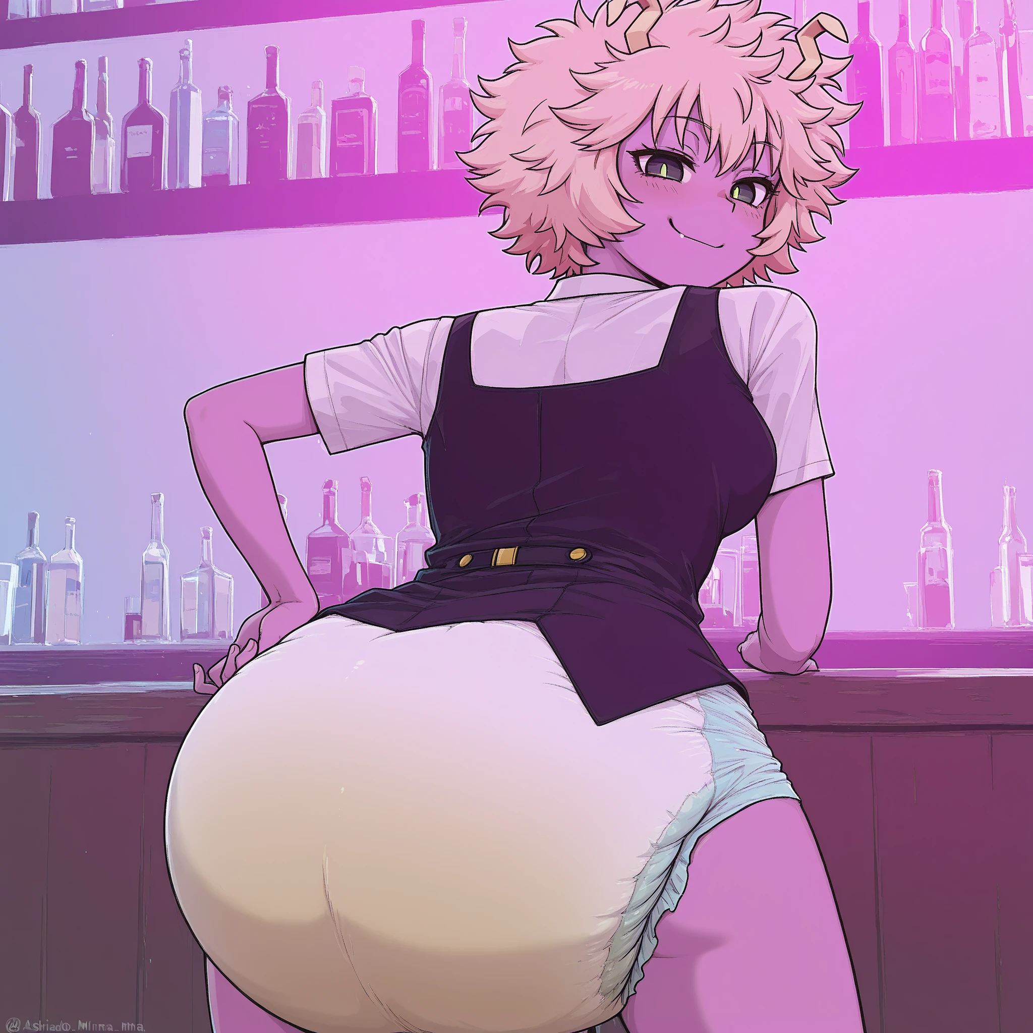score_9, score_8_up, score_7_up,score_6_up, score_5_up, score_4_up , large breasts, 1girl, solo, (back view), (viewed from behind), (ass focus), HolliW, holliw,makeup, blonde hair, bangs, side locks, thick eyebrows, hair between eyes, curvy, white leotard, choker, thigh boots, skindentation, bar \(place\), neon lights, light particles, looking at viewer, standing, bending over,