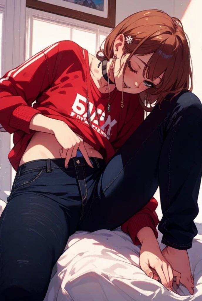 {, reddish brown hair, long hair, sexy lips, red lips, big hoodie, long black boots, thick thighs}and {black short hair, low teen, girl}, ((two women)), touching, background in the bedroom at night