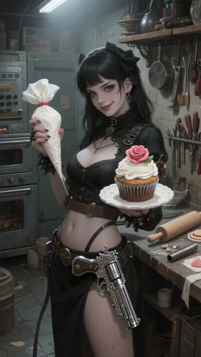 A woman with dark hair and tattoos on her face, holding an M4 rifle in one hand while eating cake with the other, a table covered in cakes, in the style of steampunk, a hyper-realistic oil painting with an old Victorian interior background.