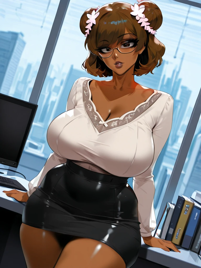 Solo, female, woman, dark skin, big glossy lips, dark brown hair, short hair, big glasses, office uniform, cleavage, surprised, open mouth