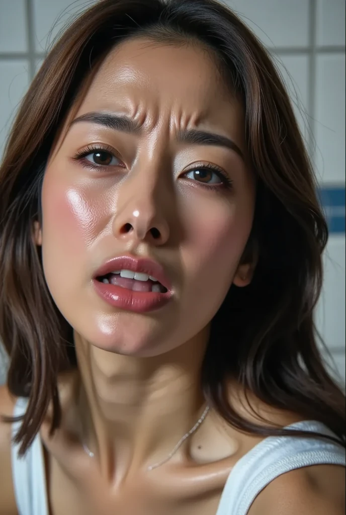 Beautiful Japanese actresses、1 girl,Flying debris,,Award-winning photo, Very detailed,Face Focus, Big double eyes(Woman with open mouth and closed eyes ), Age 35、Black Hair、Shiny skin、(((Face close-up)))、Realistic nostrils、Long and narrow nasal cavity,,,、Emergency stairs in an apartment, Staircase landing,((Outdoor fire escape staircase,))Squat、((Random color open cardigan))、Big Breasts、(Sharp Nose)Frowning performance:1.4,,performance,Frowning,please raise your head、Skin shiny with sweat,Oily facial skin,Tied Hair,Squatting and giving a blowjob,female teacher,Squatting in the hallway、Squat、50 degree hot room、Skin shiny with sweat、Wet transparent fabric,Sweaty all over my face,A face enduring intense pain、Screaming face,Open your mouth wide and shout,