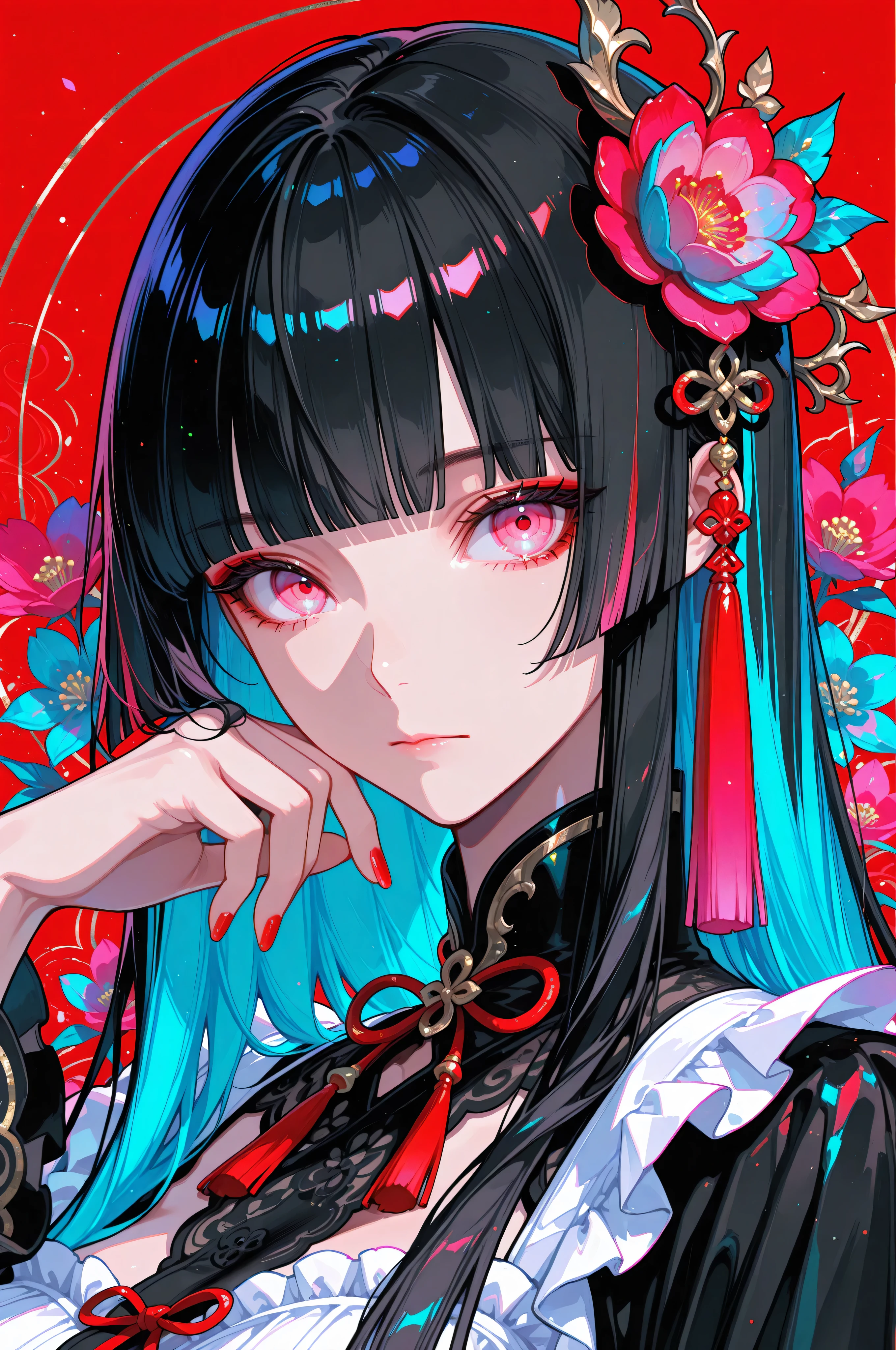 woman, solo, red nails, looking at viewer, bangs, pink eyes, long hair, black hair, hair ornament, hand up, flower, blunt bangs, closed mouth, tassel, ribbon, portrait, colorful, red background, frills, multicolored hair, upper body,