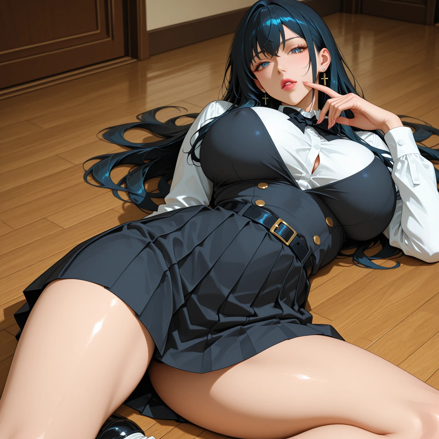 masterpiece、One girl per photo、Hotel Bedroom、Dark Background (29 year old girl、Very adult、Calm face、Natural Makeup)(Fair skin)(Sparkling eyes) )Bright smile、Black Hair、((blue、Crop shoulders show off your cleavage、Tight miniskirt))、Glossy lips、Double eyelids on both eyes、Long Straight Hair、Hair over the ears、Shiny and smooth hair、Asymmetrical bangs、White skin、High detail、Detailed hairstyle、Detailed face、round chest directed upwards、Beautiful valley、Narrow waist、Long legs、(((On the bed、Leg spread、Thong Panties)))(((Peeing、Wet Panties)))(((Full Body Shot、Thighs)))((Bold sexy pose))