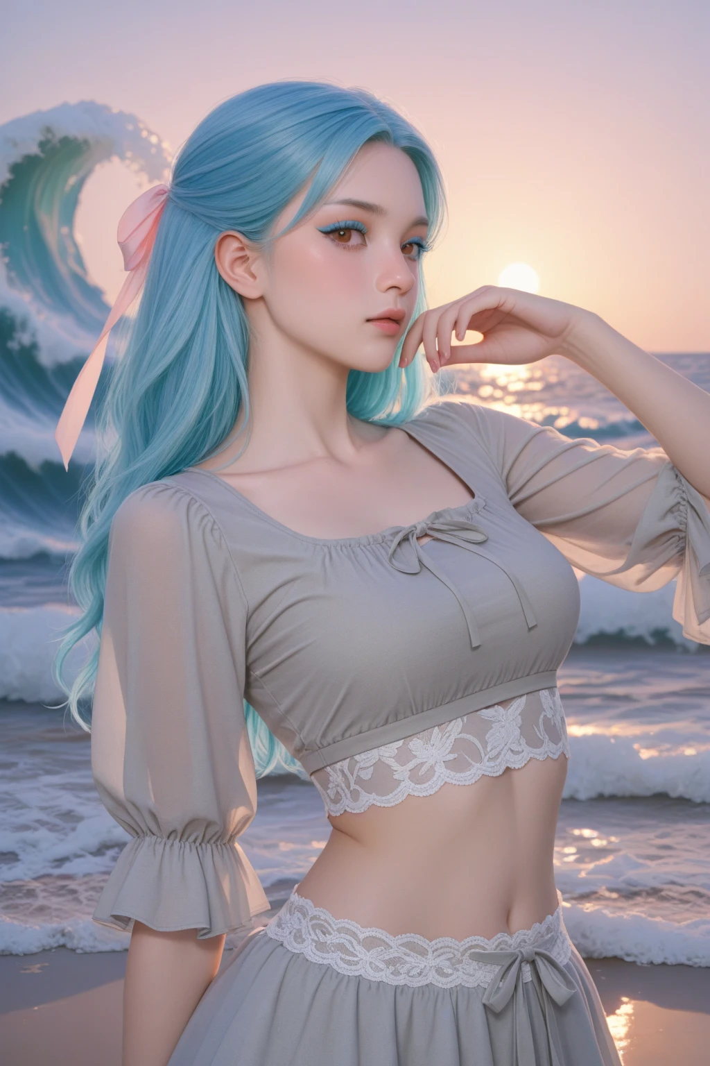 (Ulzan-6500-V1.1:0.67) (Raw photo: 1.2), (((Photorealistic: 1.4)) top quality, masterpiece, illustration, very delicate and beautiful, highly detailed CG, unity, 8k wallpaper, amazing, colorful hair, fine details, masterpiece, best quality, official art, highly detailed CG Unity 8k wallpaper, absurdity, incredibly absurd, huge file size, super detailed, high resolution, very detailed beautiful, detailed girl, highly detailed eyes and face, beautiful detailed eyes, face light, movie lighting, one girl, viewer looking, green hair, white shirt, briefskirt, thigh straps, arms behind back, sitting, blue sky, sea, wharf