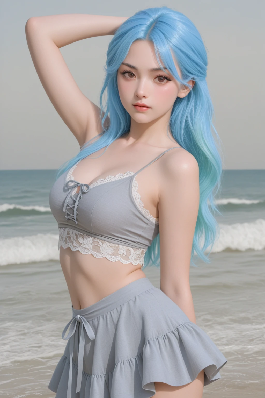 ,(((high resolution))),(((high quality))),(distinct),realistic:1.4,nsfw,20yo,idol face,1 Girl,Shy laugh,Strongly cute,Beach,
,{{Light blue Juliet Monokini Korea}},Perfect figure,random hairstyle,Random Hair Color,(Small breasts),Bracelet,Ring,hair ornaments,embarrassed:1.2,blush:1.5,from below:1.8,Cute smile:1.2,,pov,full body shot:1.3,(Chest Angle:1.4),low position ,front view,Chest zoomed in:1.3,Sitting with Knees Up on, spread leg