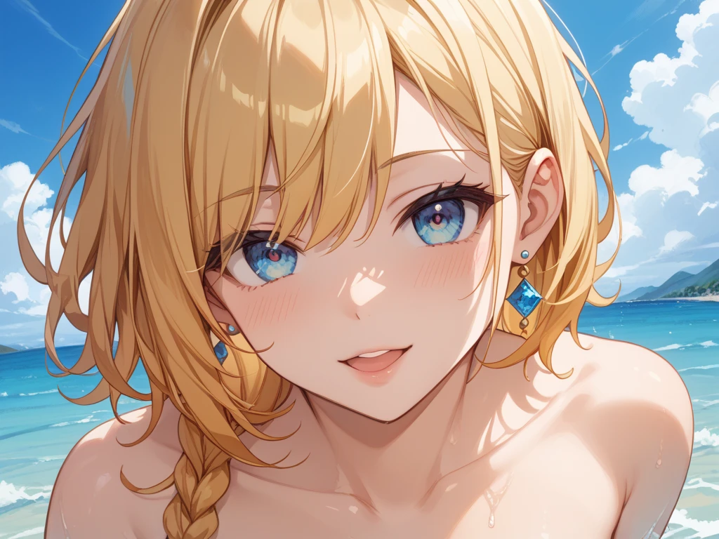 (masterpiece, best quality:1.2), (solo), Android 18 from Dragon Ball, 20s, ((string bikini, navy bikini)), sitting, medium breasts, blunt bangs, short blonde hair, (black eyes), earrings on earlobes, slender feminine figure, skinny body, blush, sky, magnificent view, blur background, 4K, open mouth, beach, side-tie bikini bottom, smile, Sandy Beach, highleg bikini, barefoot, facing viewer, knees up, beautiful butt, (front view,) (hugging own legs), (crossed arms), side boob, cleavage, open legs, front side, 