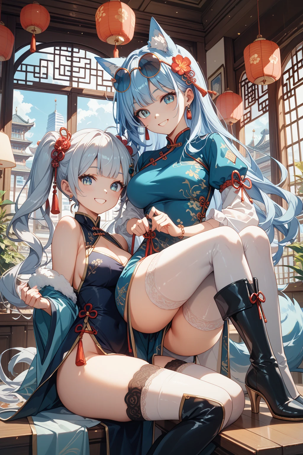 ((masterpiece、Highest quality、Super Fine、High resolution、Genuine、Sharp focus))、Face Light、((And yet delicate and beautiful))、Female Elf、Deedlit、((Silver Hair))、((Ponytail)),Round face、Sexy figure、((Wearing black knee-high socks))、Fantasy Characters、((Large Breasts)),((Bright eyes)),Emphasize cleavage((Spread your legs wide)),,Embarrassed,,,((The clothes worn by Chun-Li)),((Skirt with a large slit)),((Sparkling Eyes)),((dark skin)),((Dark Skin)),((Long skirt)),One Girl,Knee-high boots,Short sleeve,Glossy clothing,Chinese clothing,sit,