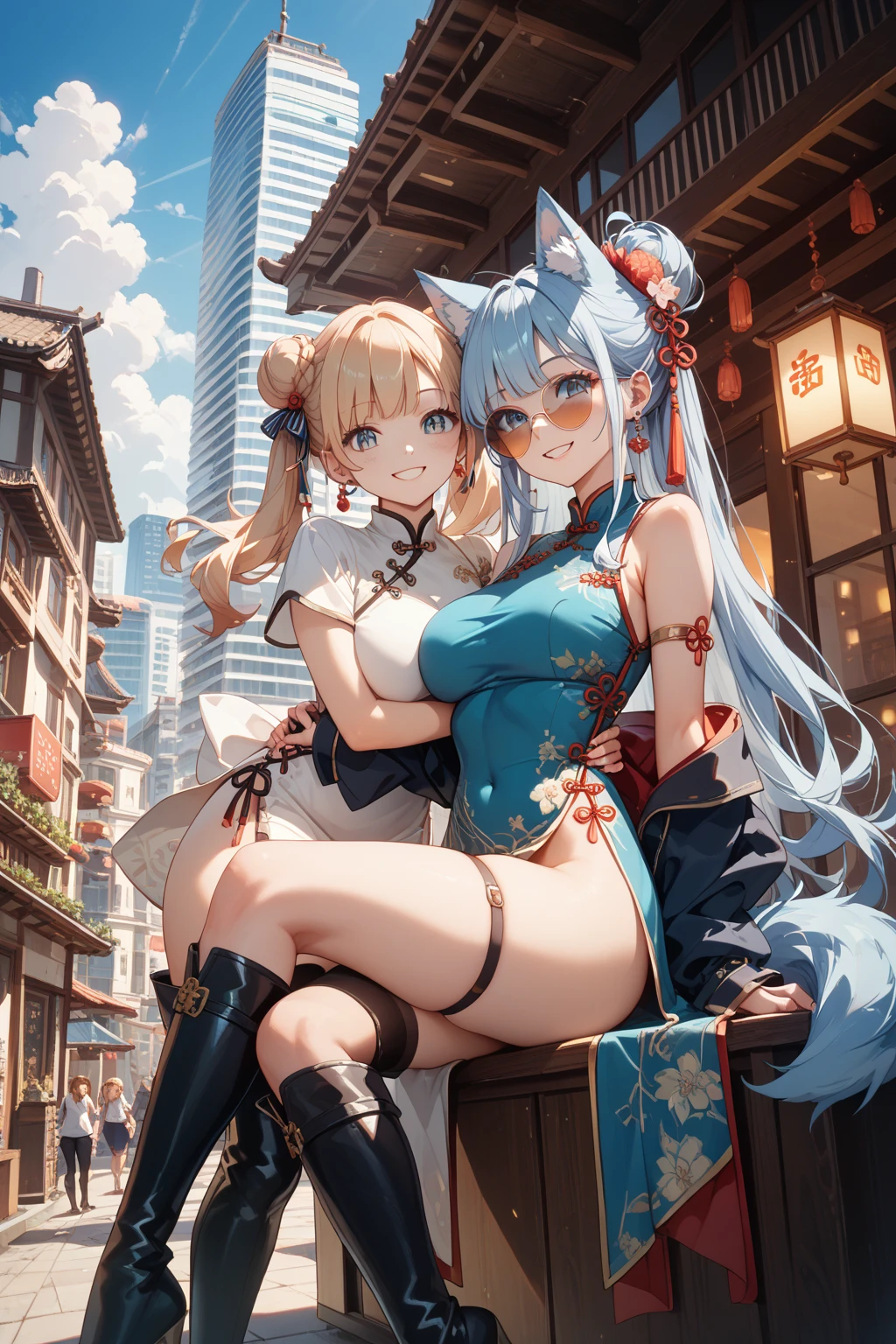 Best quality,巨作,illustration,an extremely deciple and beautiful,Extremely detailed,CG,Unity,8K wallpaper,Amazing,finedetail,Master,Best quality,offcial art,Extremely detailed Cg Unity 8K wallpaper,absurderes，Incredibly Ridiculous res，hugefilesize, ultra - detailed, A high resolution, 非常详细, Nice detailed girl, very detailed eyes and faces, Beautiful detailed eyes, light in face,(Hanfu:1.1),2 girls, full bodyesbian, Full body photo, wie z_Qun white stockings，swim wears，Pure desire --auto