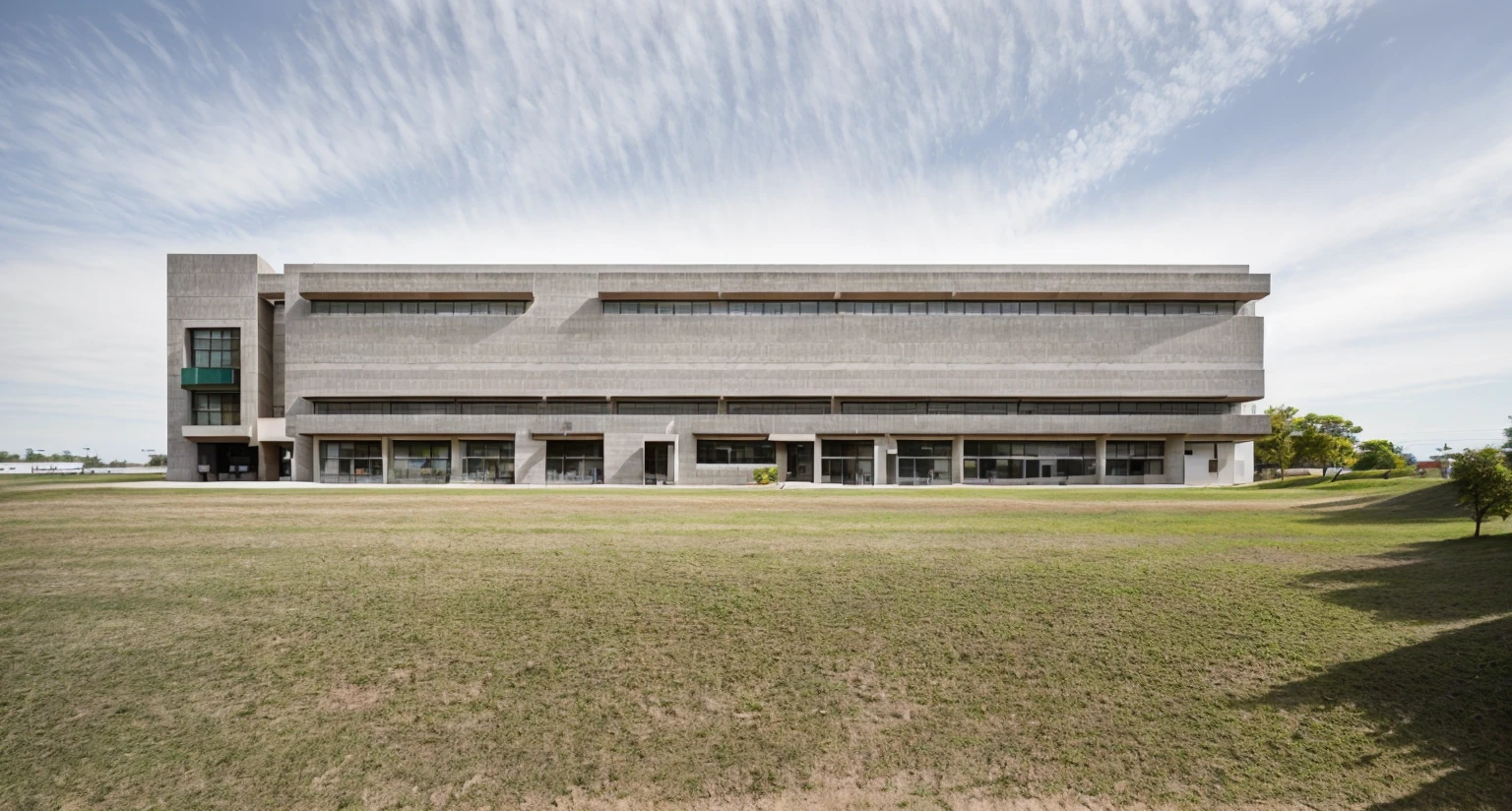 iA modern corporate office building with raw white concrete exterior walls, minimalist and clean architectural style. The structure is multi-story with wide windows, minimal glass facade, sleek design lines, and a contemporary main entrance. Surrounded by green lawn and clear blue sky, with flags fluttering at the front. A company logo is displayed on the facade. Shot in daylight from a cinematic wide-angle perspective. The image should be hyperdetailed and photorealistic, 50mm f/2.8 cinematic depth of field, ominous undertones, dynamic lighting, CGI VFX, 8k ultra-fine detail, unreal engine 5 realism, perfect natural colors, extremely photorealistic