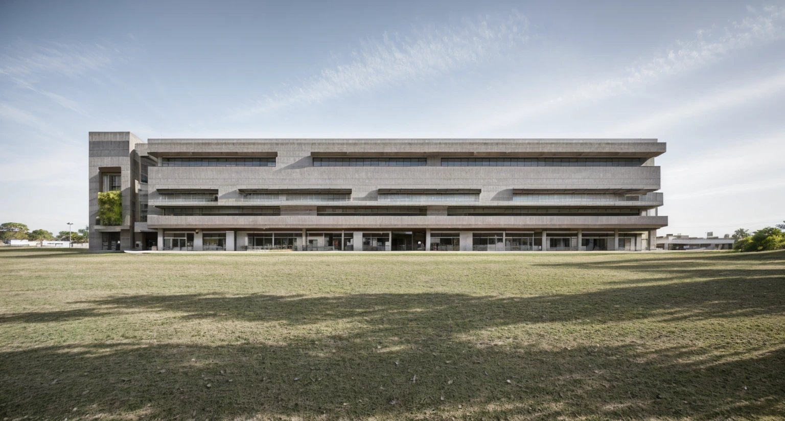 iA modern corporate office building with raw white concrete exterior walls, minimalist and clean architectural style. The structure is multi-story with wide windows, minimal glass facade, sleek design lines, and a contemporary main entrance. Surrounded by green lawn and clear blue sky, with flags fluttering at the front. A company logo is displayed on the facade. Shot in daylight from a cinematic wide-angle perspective. The image should be hyperdetailed and photorealistic, 50mm f/2.8 cinematic depth of field, ominous undertones, dynamic lighting, CGI VFX, 8k ultra-fine detail, unreal engine 5 realism, perfect natural colors, extremely photorealistic
