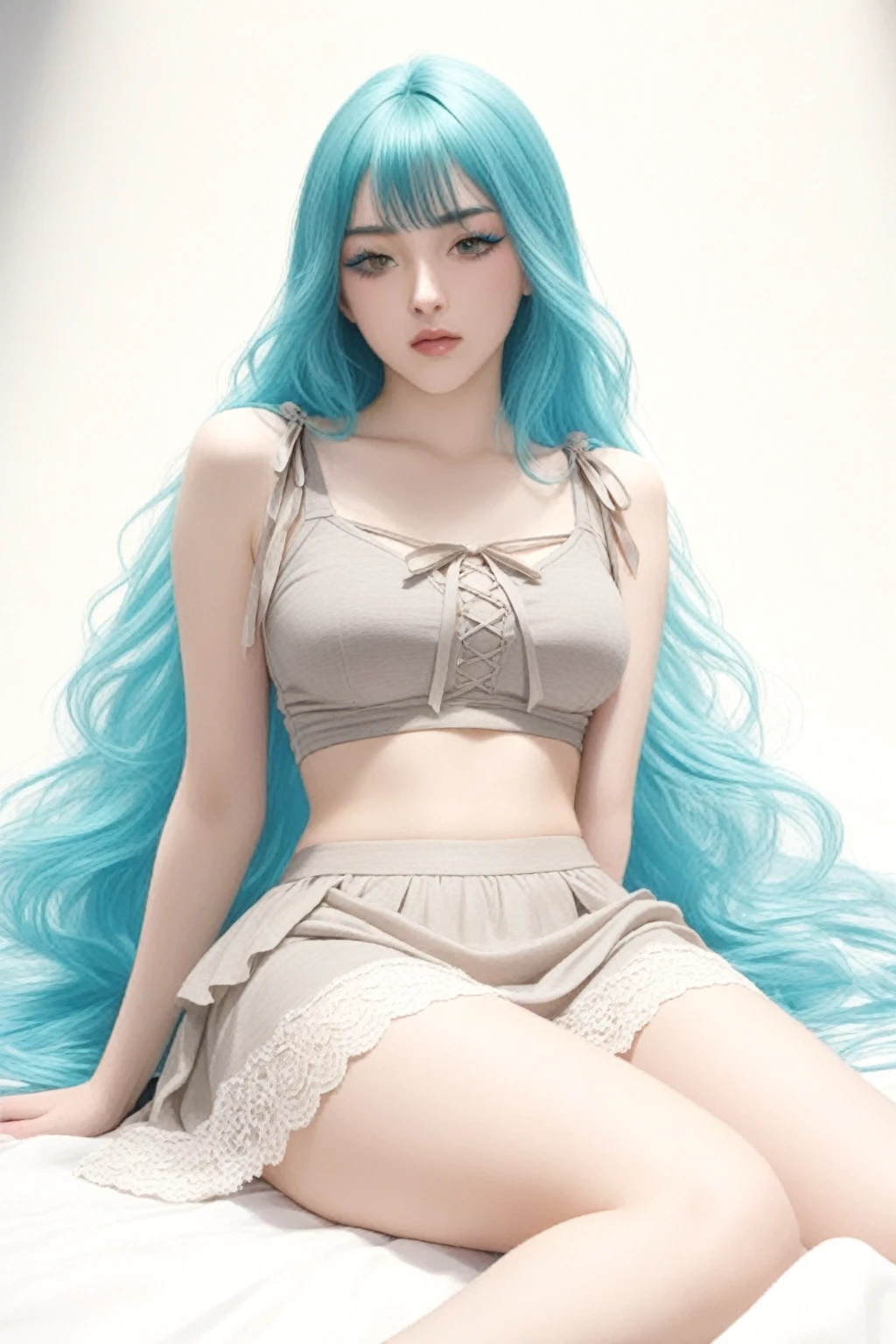 In the room, underwear, blush, focus on the face, bangs, hair circle, blue hair (best quality, 4k, highres, masterpiece:1.2), ultra-detailed, (realistic,photorealistic,photo-realistic:1.37), lingerie, intimate, bedroom, beautiful detailed eyes, beautiful detailed lips, delicate features, youthful appearance, subtle smile, flushed cheeks, impeccable makeup, blue hair styled in bangs and a hair circle, cozy atmosphere, soft lighting, sensual expression