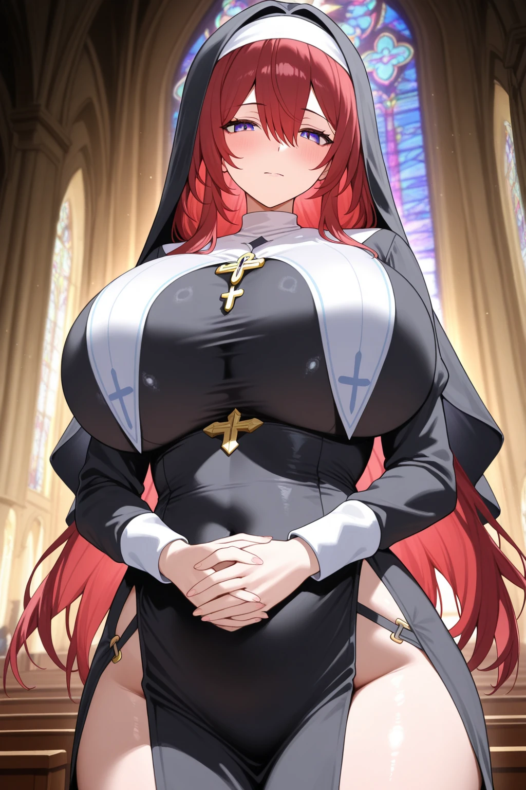 rosaria, rosaria, bags under eyes, hair between eyes, long eyelashes, multicolored hair, (purple eyes:1.1), purple hair, red hair, short hair, streaked hair, (medium breasts:1.2), BREAK bare shoulders, breasts, elbow gloves, fishnet pantyhose, fishnets, gem, gloves, gradient, nun, pantyhose, red gemstone, skindentation, thigh strap, tiara, white gloves,
BREAK looking at viewer, full body, (cowboy shot:1.5),
BREAK indoors, church,benches, candles, fire,
BREAK (masterpiece:1.2), best quality, high resolution, unity 8k wallpaper, (illustration:0.8), (beautiful detailed eyes:1.6), extremely detailed face, perfect lighting, extremely detailed CG, (perfect hands, perfect anatomy),from above,upper body.