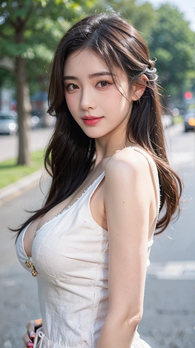 ((best quarity, 8k, Meisterwerk:1.3)), sharp:1.2, Perfect body beauty:1.4, Slim abs:1.2, ((layered haircut, gigantic tits:1.2)), (Long shirt with wet white buttons:1.1),(rainting,the street:1.8),wet body:1.5,Highly detailed face,detailed eye,Double eyelidd,looking into the camera,All body