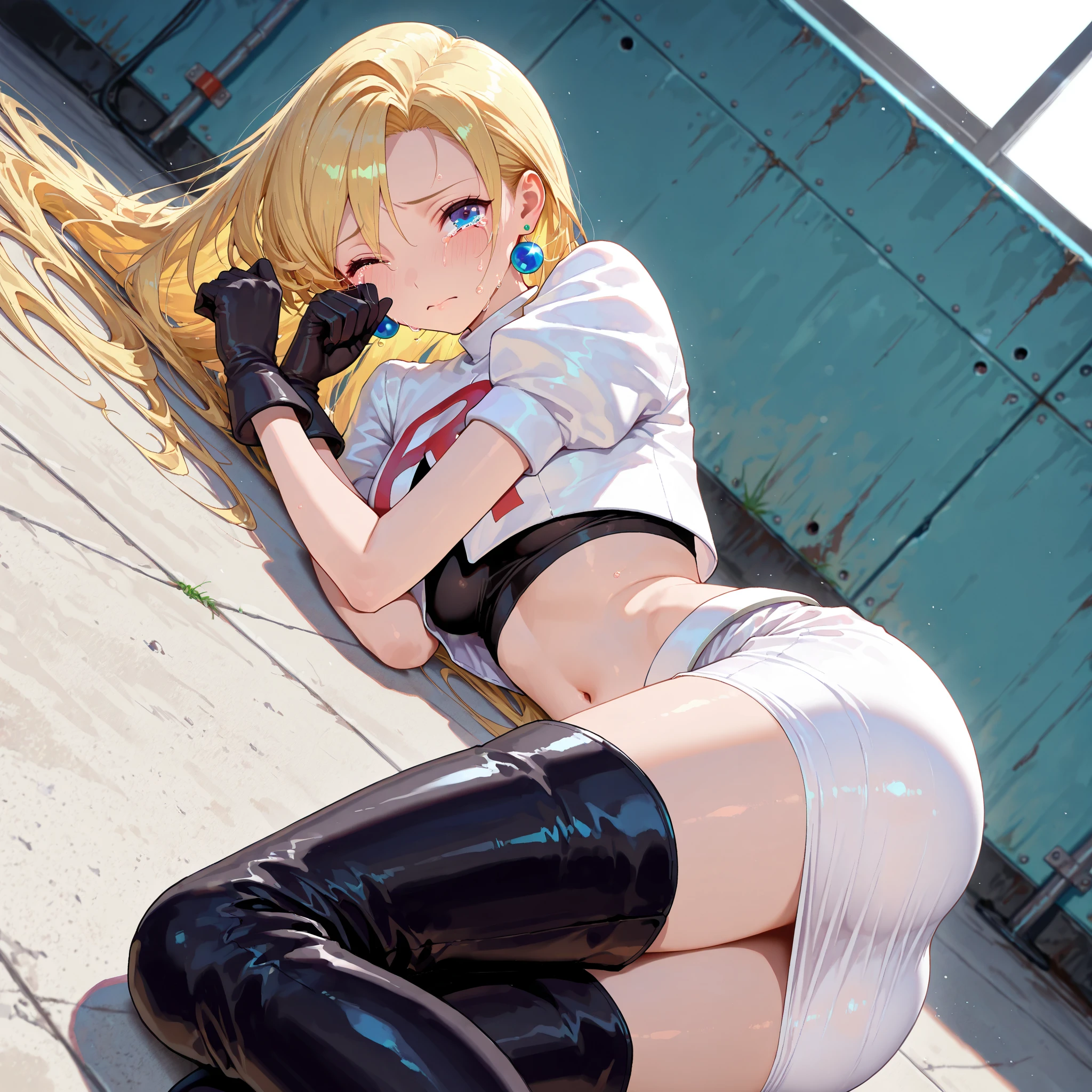 Shiny blond hair, very long hair, sophisticated haircut, ((((hair fully braided)))), ((small twisted braids)), thin and oval face, submissive, (((gagged))), ((((black tight latex crop top)))), ((((tight latex skirt)))), cute and blushing 18 years old anime girl, look away because she is embarrassed and blushes, bright blue eyes, detailed face, detailed members, detailed arms, detailed hands, ((((sparkling diamond jewelry)))), tiara, ((makeup)), high heels, puffy sleeves, long gloves, long eyelashes, Girl lying, tied by ropes, shackled, can no longer move, tied tightly, very hard tied up with lots of ropes, hampered by so many ropes that she can no longer move, bound hands and feet, ropes tie his whole body, tied extremely tightly and forcefully to her bed by a lot of ropes, its limbs are strongly tied together by ropes, his torso is tied up with thick cords, her chest is so tied up with ropes that it sticks out, her legs are tied tightly with thick ropes, his hands are tied behind his back with ropes, she can no longer move her feet, her hands which are tied by thick ropes, she desperately tries to free herself, likes to be tied tight with big ropes, likes to be immobilized by big ropes, lying down, his hands and feet are strongly tied to the railing of his bed, his legs are pressed together and tied with ropes, its limbs are held vigorously by imposing ropes, her hands are tied securely behind her back by ropes, her chest is compressed by strong ropes, she is pressed against her bed and restrained by large ropes (shibari, arms behind the back:1.4), (hands on the back), (masterpiece, best quality) 1.5, 1girl, solo, (sexy, beautiful woman, perfect face, perfect eyes, perfect hands), samus aran, (shibari, arms behind the back:1.4), (hands on the back), Spread the legs, s' ((lie in bed by big ropes)), ((close up of the girl)), ((((lie in bed))))
