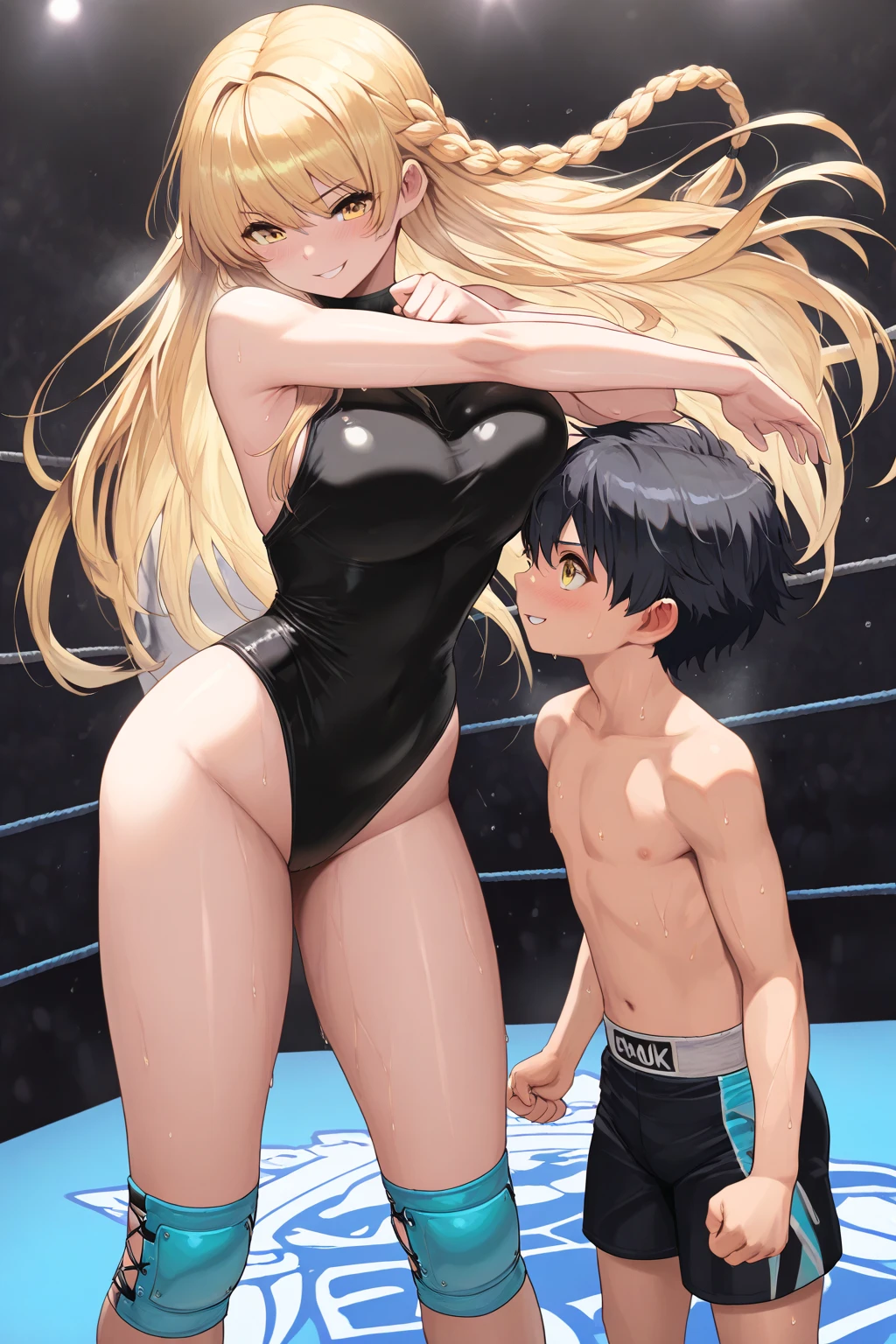 score_9, score_8_up, score_7_up, source_anime, ((((hug from behind)))), sex from behind, standing sex, ((((motion lines)))), vulgarity, (((wrestling ring)))), ((1shota boy)and(1 girl)), (hetero), BREAK ((((1 girl,short stature)))), girl is 8 years old, (slender body:1.4), (long hair, french braid),straight hair, blonde hair, light blue eyes, ((((flat chest)))), covered navel, collarbone, pale skin,shiny skin, ((She wears aqua competition swimsuit)), (((She looks rolling eyes))), (((She looks ahegao))), (trembling), (cum on clothes:1.4),cum on body,excessive cum,cum facial,bukkake,cum on hair,cum in pussy, clothing aside, clothed, text, BREAK (1shota boy,short stature:1.4), ((((shota boy is 10 years old)))), small penis, undercut, ((((He looks smug)))),