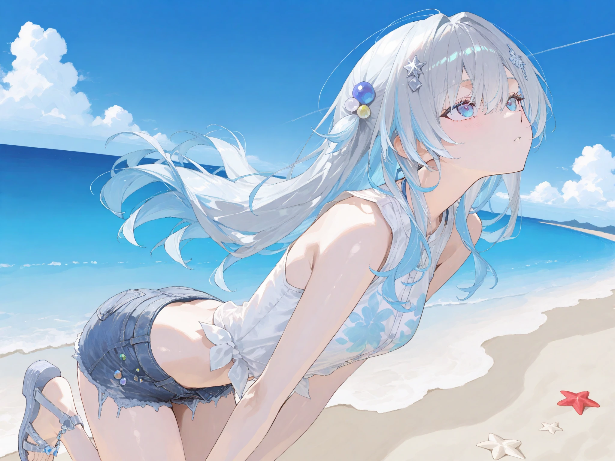 Silver-haired girl drawn in high resolution Japanese anime style、Standing alone on the white sand beach of a deserted island。She is wearing a gorgeous pink bikini.、Her hair is in a ponytail that sparkles in the light..。The sea in the background shines emerald green..、The beach is littered with shells and pebbles.、hour々、Small waves gently wash up on the shore。Tropical wood々Swaying in the Wind、Mr..々Among the branches々Birds are singing..。wood々Colorful flowers bloom profusely、The entire island is filled with abundant nature..。On the horizon of a distant sea、The setting sun casts a beautiful orange glow over the ocean.、It gives the whole place an air of mystery..。、Wakame seaweed、Wakame seaweed、Wakame seaweed、Wakame seaweed、Wakame seaweed、Wakame seaweed、