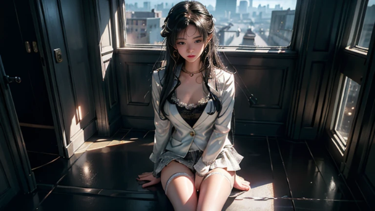 (Hyper-realistic), (Illustration), (High resolution), (8K), (Extremely detailed), (Best Illustration), Yol ( chain saw man ), (Beautiful detailed eyes), (Best Quality), (Ultra-detailed), (masutepiece), (Wallpaper), (Detailed face), Solo, Upper body, Focus on Face, 1 girl, Long Black Hair, Korean, Thin eyeshadow, A detailed eye, Brown eyes, Small moles under the eyes, very slender legs,Please wear a long-sleeved shirt..., Neckbow, Small breasts,Smaller chest,Black knee socks, Dynamic Pose, low illuminance, Night, Dark, Clouds, a dark night,sit on sofa,Happy,White panty,White bra,