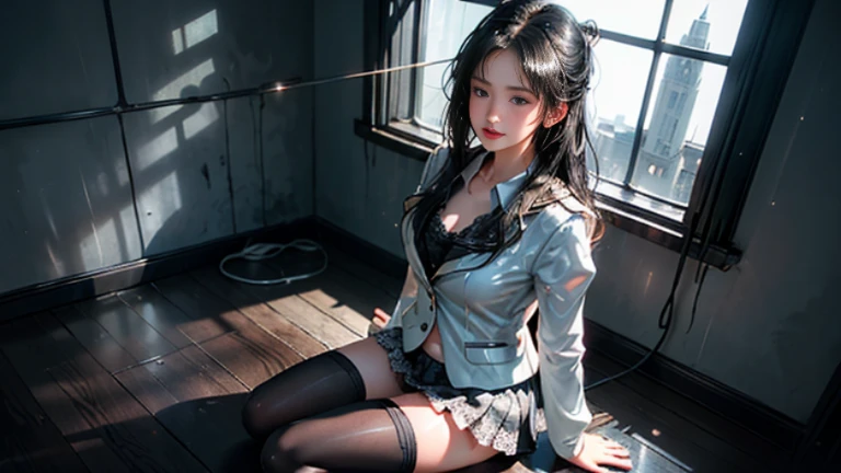 Exquisite, masterpiece, beautiful details, colorful, exquisite details, delicate lips, intricate details, large breasts, 1 female, (a beautiful 20-year-old cute Korean woman: 1.1), (kpop idol, Korean mixed), (50mm Sigma f /1.4 ZEISS lens, F1.4, 1/800s, ISO 100, photograpy: 1.1), (ponytail + brunette : 1.2), (photorealistic :1.4), (SPY:1.2), (Open Jacket,Shirt, Skirt,Tie, Black Pantyhose,Christian Louboutin\(Brand\),:1.3), Earrings, Necklaces, Armbands, (Tavern, Bar:1.2), (Beautiful Legs, High Girl, Skinny, slim_legs, thigh_gap, Model: 1.2), Lens flare, viewed from the front, Dynamic pose, (makeup: 1.2), leg open, (painful expression 1.5), crotch convergence, beautiful legs, long legs,