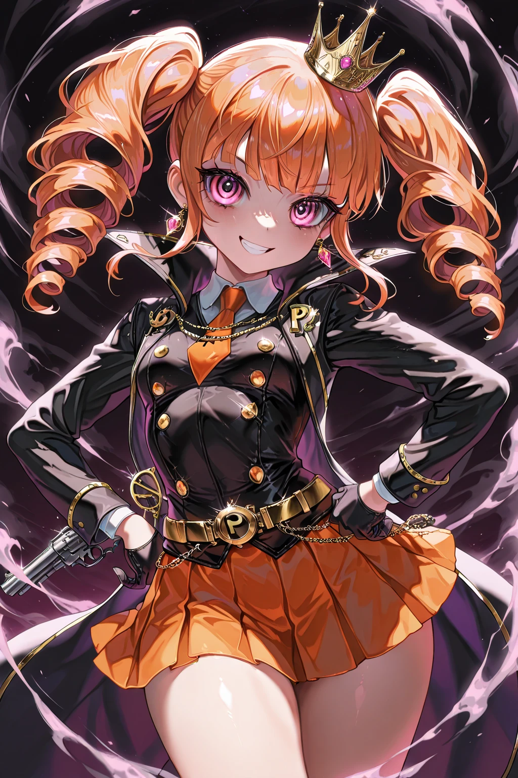 young girl, Short black and orange hair, high ponytail, purple eyes, smile, open belly, black trousers, red jacket, tie, belts, chains, Tattoos, iron gauntlets, face tattoos, Masterpiece, hiquality, 4k, HD, Good detail